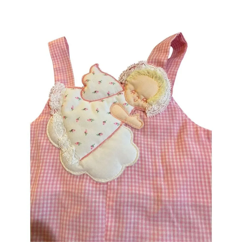 Vintage baby girl, pink and white checkered romper with padded angel size 3/6 mo